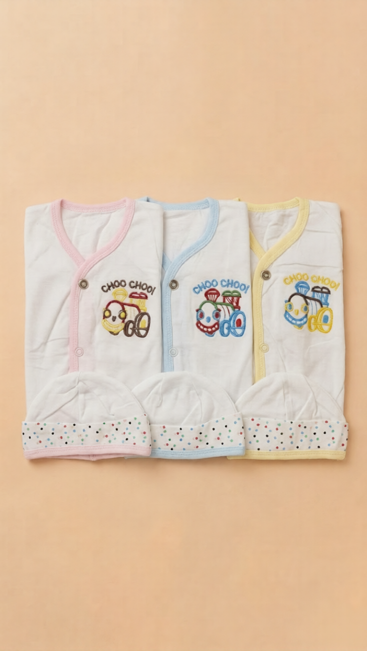 3-Piece Unisex Train Embroidered Baby Kimono Tops & Beanie Set